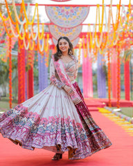 White Lehenga Choli With Mirror Work And Attached White Dupatta