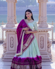 Sky Pista Sky Pista Lehenga Choli With Mirror Work And Attached Purple Dupatta