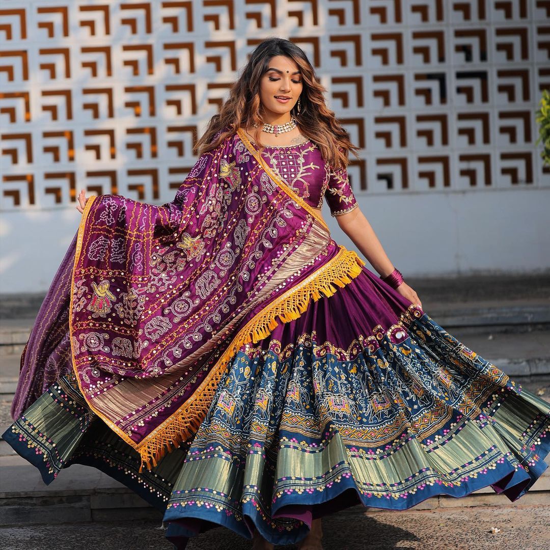 Purple Lehenga Choli With Mirror Work And Attached Purple Dupatta