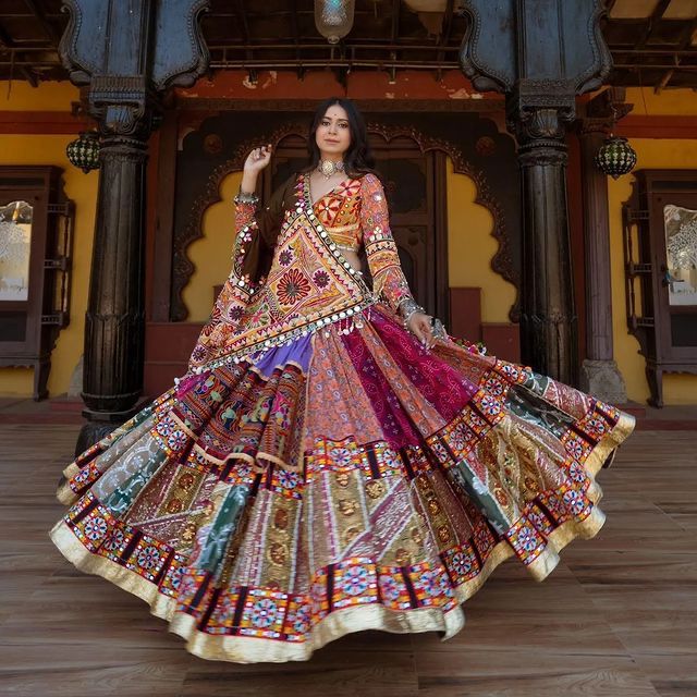 Multi Mustard Lehenga Choli With Mirror Work And Attached Black Dupatta