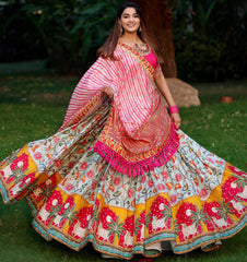 Sky Pink Lehenga Choli With Mirror Work And Attached Pink Dupatta