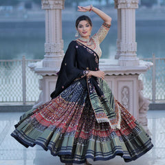 Black White Lehenga Choli With Mirror Work And Attached Black Dupatta