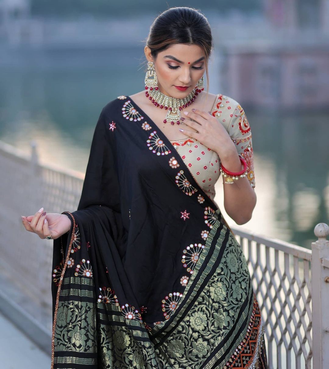 Black White Lehenga Choli With Mirror Work And Attached Black Dupatta