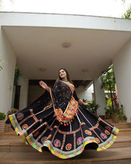 Black Lehenga Choli With Mirror Work And Attached Black Dupatta