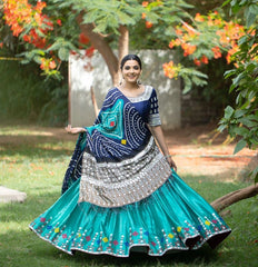 Aqua Blue Navy Lehenga Choli With Mirror Work And Attached Aqua Blue Dupatta