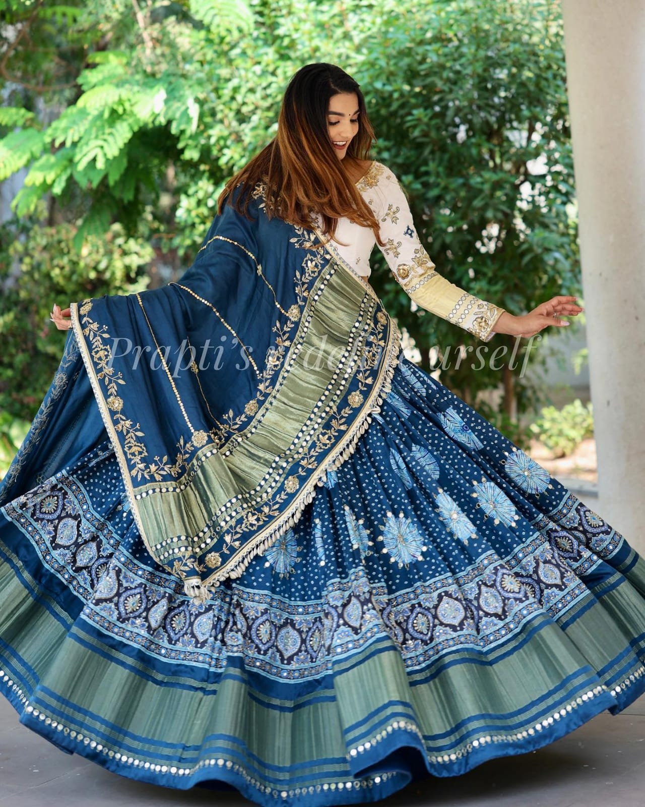 Blue Lehenga Choli With Mirror Work And Attached Rama Dupatta