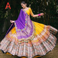 Yellow Yellow Lehenga Choli With Mirror Work And Attached Purple Dupatta