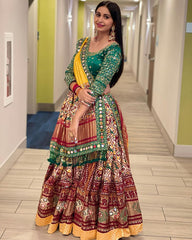 Red Green Lehenga Choli With Mirror Work And Attached Yellow Dupatta