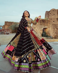 Black Green Lehenga Choli With Mirror Work And Attached Black Dupatta