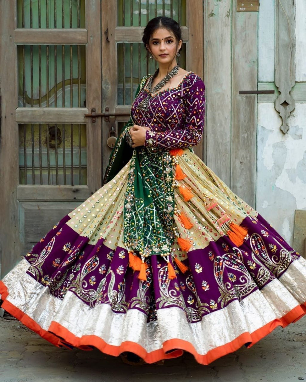 Cream Purple Lehenga Choli With Mirror Work And Attached Green Dupatta