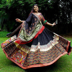 Black Orange Lehenga Choli With Mirror Work And Attached Black Dupatta