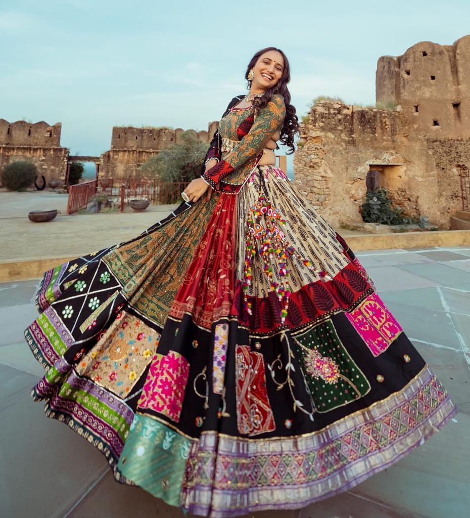 Black Green Lehenga Choli With Mirror Work And Attached Black Dupatta