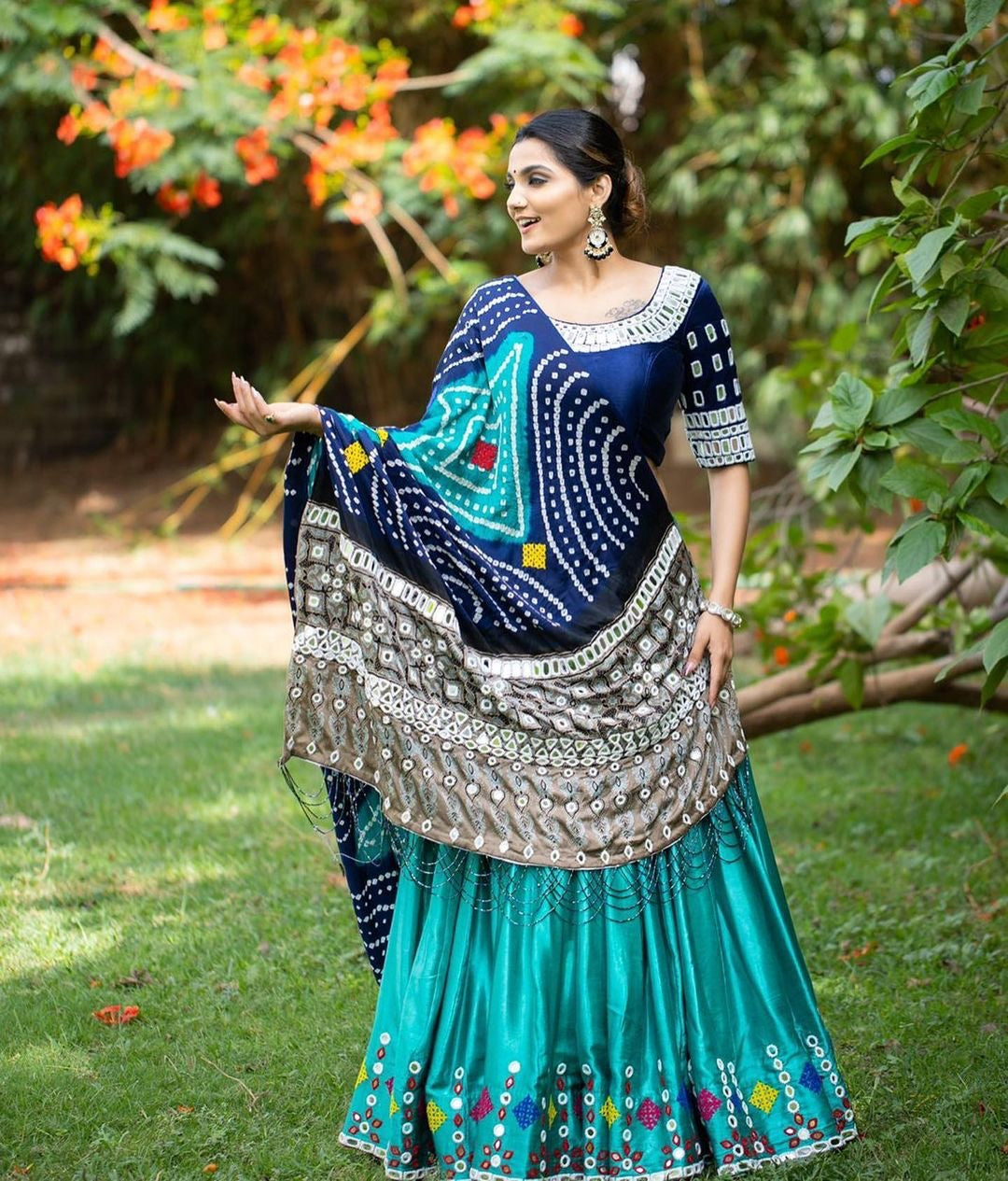 Aqua Blue Navy Lehenga Choli With Mirror Work And Attached Aqua Blue Dupatta