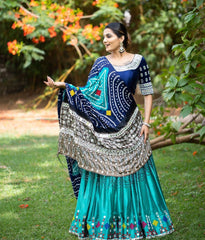 Aqua Blue Navy Lehenga Choli With Mirror Work And Attached Aqua Blue Dupatta