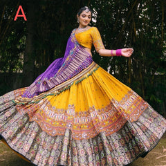 Yellow Yellow Lehenga Choli With Mirror Work And Attached Purple Dupatta