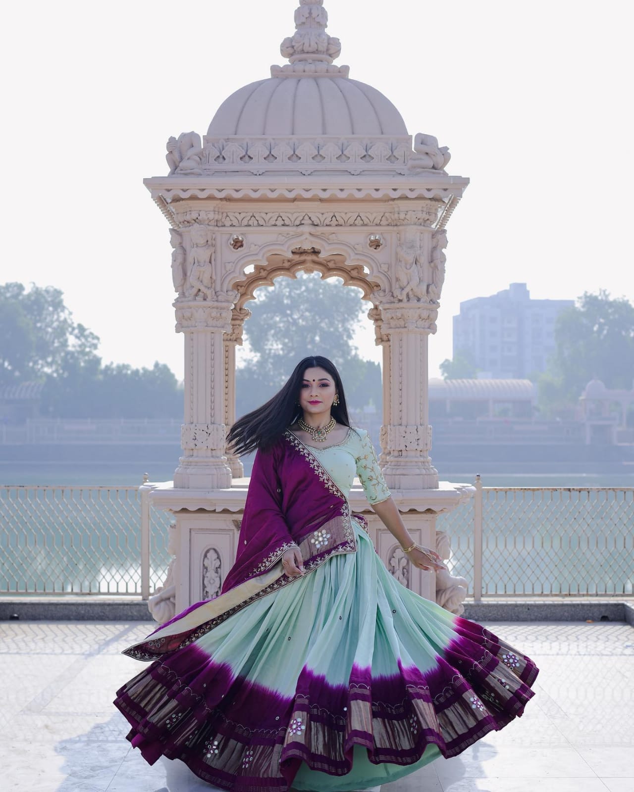 Sky Pista Sky Pista Lehenga Choli With Mirror Work And Attached Purple Dupatta