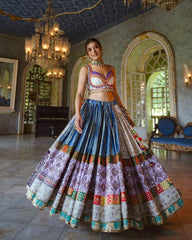 White White Lehenga Choli With Mirror Work And Attached Light Purple