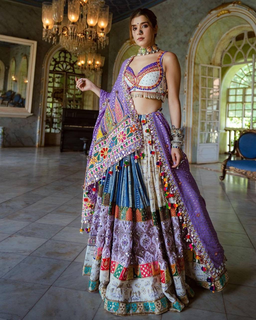 White White Lehenga Choli With Mirror Work And Attached Light Purple