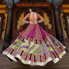 Multi Mustard Lehenga Choli With Mirror Work And Attached Black Dupatta