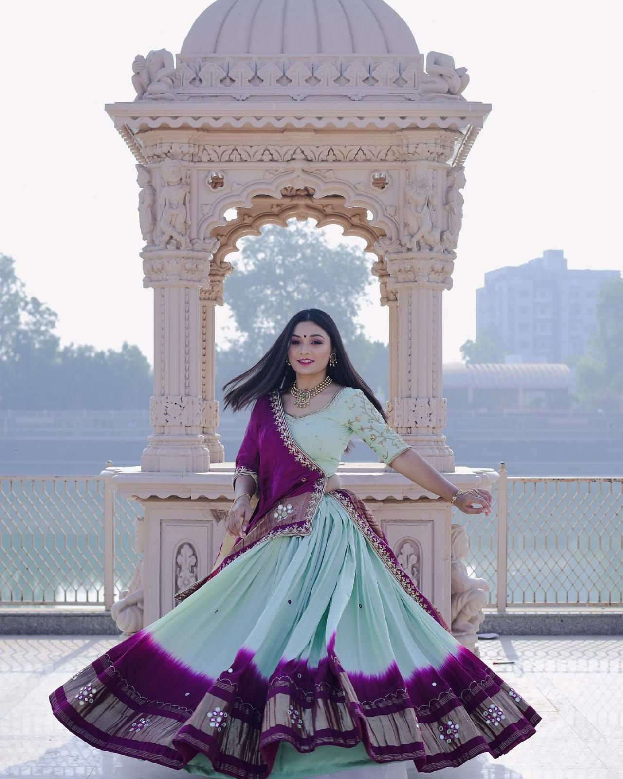 Sky Pista Sky Pista Lehenga Choli With Mirror Work And Attached Purple Dupatta