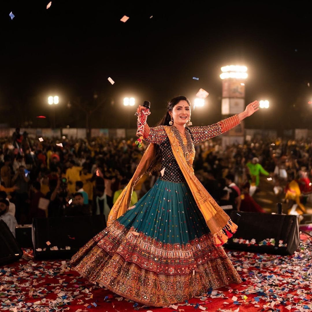 Bottle Green Bottle Green Lehenga Choli With Mirror Work And Attached Yellow Dupatta