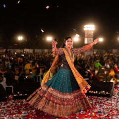 Bottle Green Bottle Green Lehenga Choli With Mirror Work And Attached Yellow Dupatta