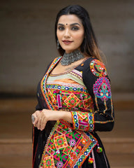 Black Lehenga Choli With Mirror Work And Attached Black Dupatta