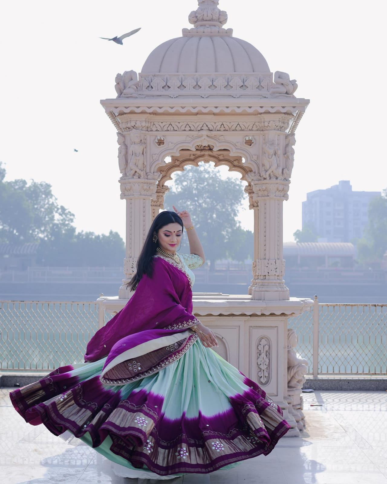 Sky Pista Sky Pista Lehenga Choli With Mirror Work And Attached Purple Dupatta