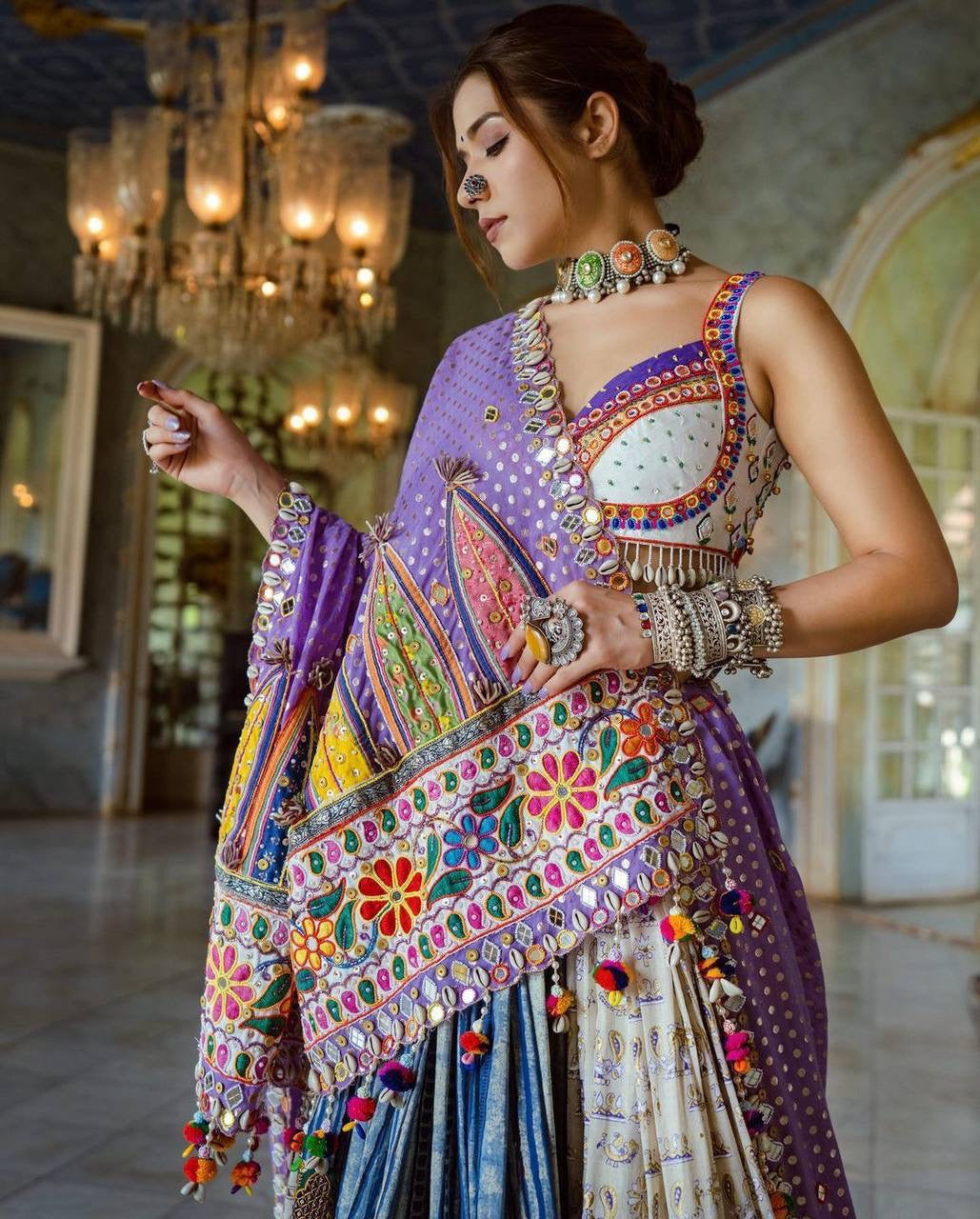 White White Lehenga Choli With Mirror Work And Attached Light Purple