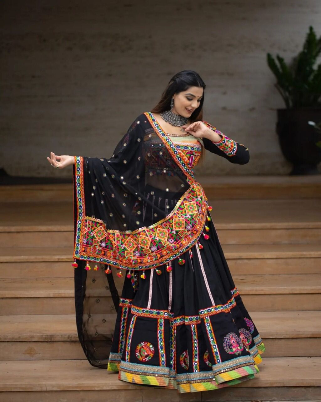 Black Lehenga Choli With Mirror Work And Attached Black Dupatta