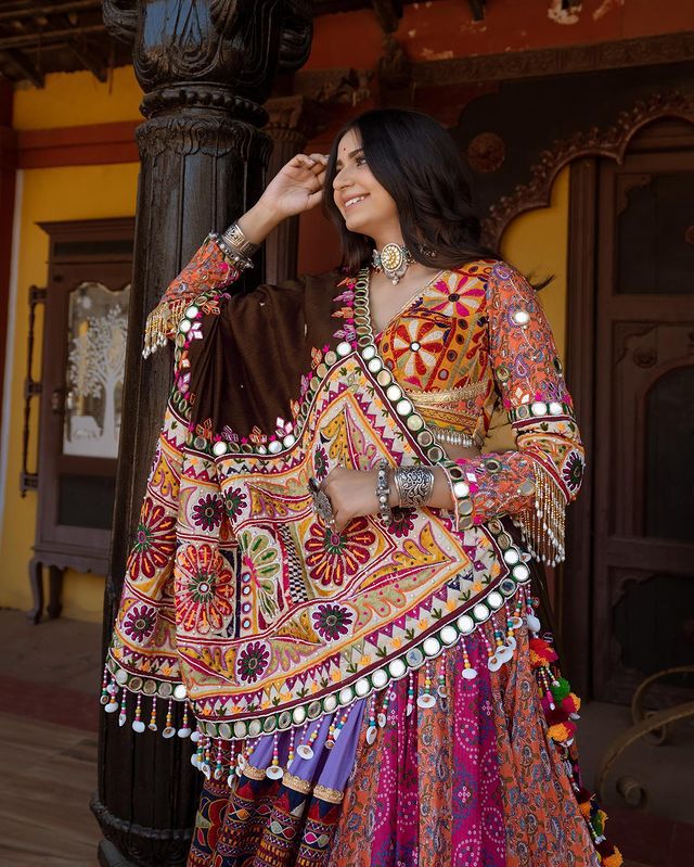 Multi Mustard Lehenga Choli With Mirror Work And Attached Black Dupatta