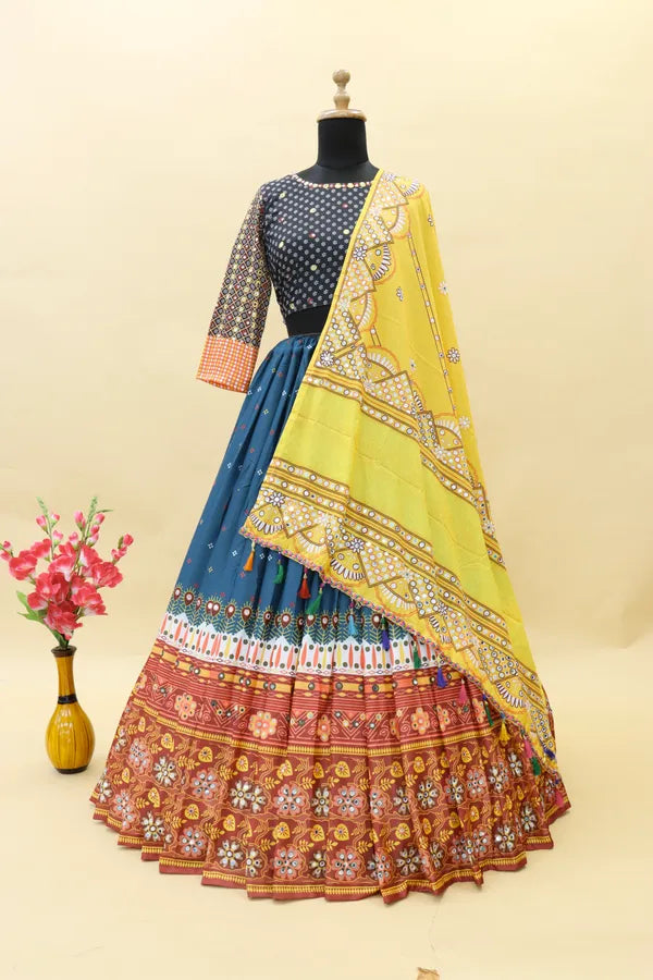 Bottle Green Bottle Green Lehenga Choli With Mirror Work And Attached Yellow Dupatta