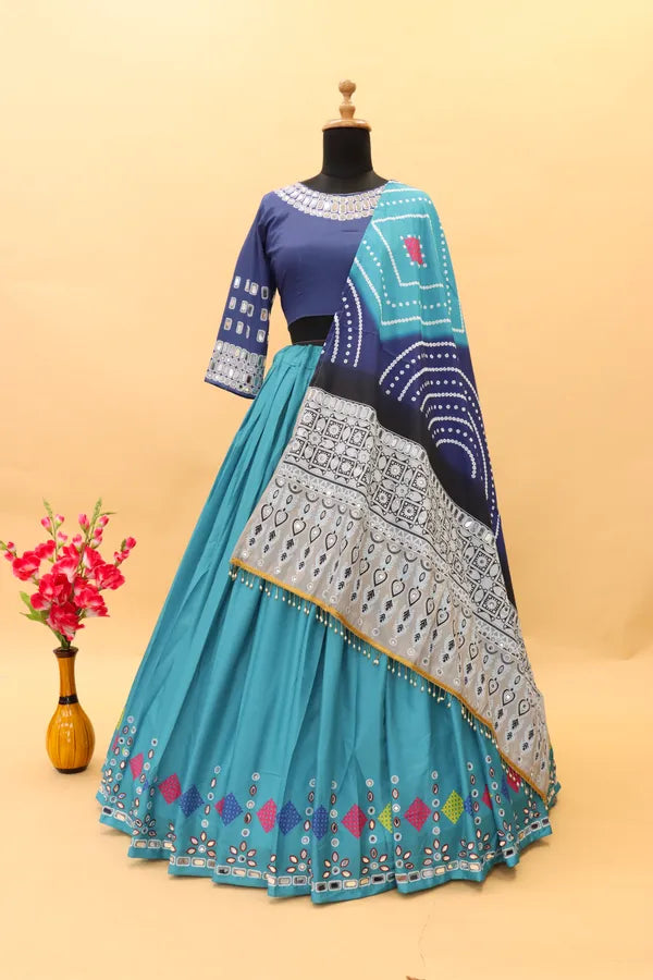 Aqua Blue Navy Lehenga Choli With Mirror Work And Attached Aqua Blue Dupatta