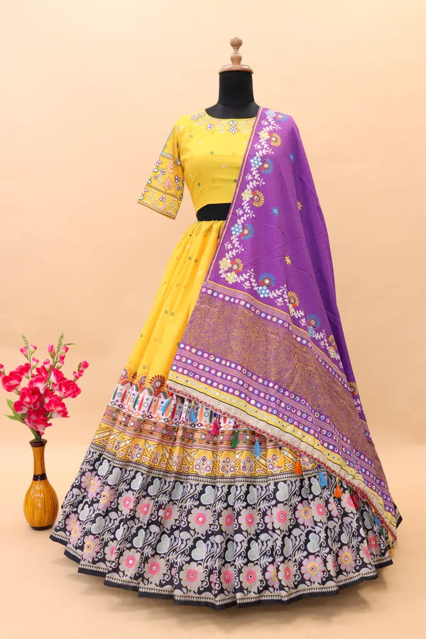 Yellow Yellow Lehenga Choli With Mirror Work And Attached Purple Dupatta