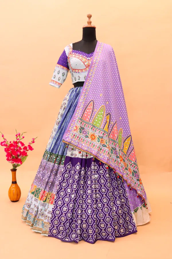 White White Lehenga Choli With Mirror Work And Attached Light Purple