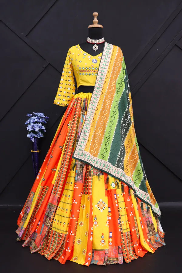 Yellow Yellow Lehenga Choli With Mirror Work And Attached Multi Dupatta