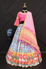 Sky Pink Lehenga Choli With Mirror Work And Attached Pink Dupatta