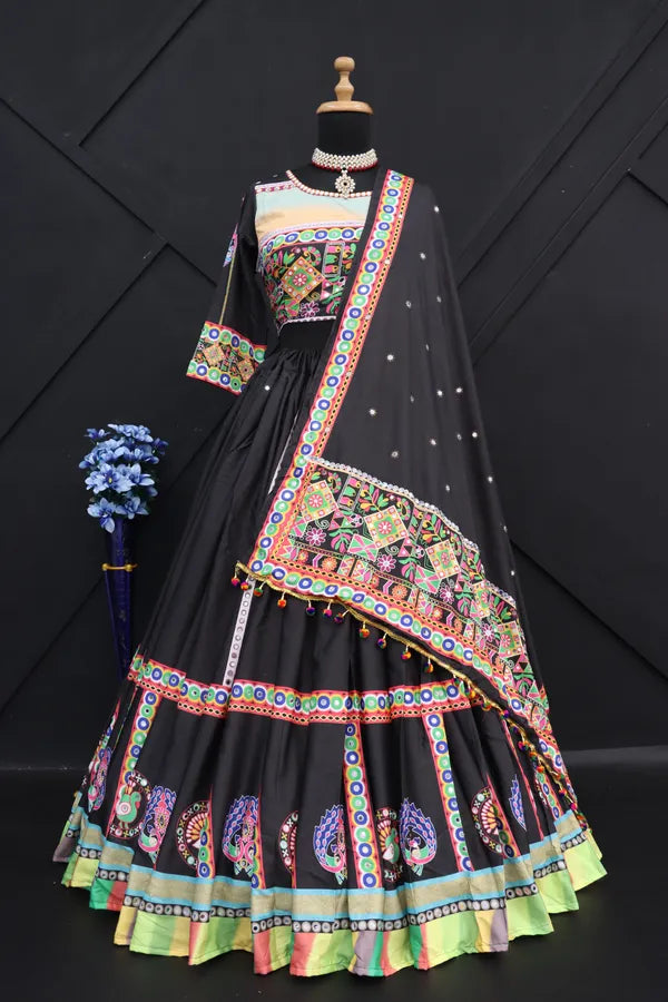 Black Lehenga Choli With Mirror Work And Attached Black Dupatta