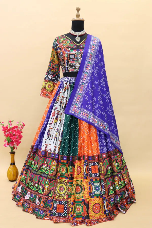 Blue Black Lehenga Choli With Mirror Work And Attached Blue Dupatta