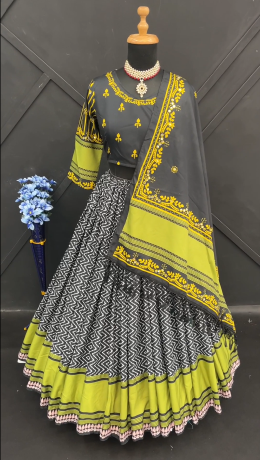 Black Black Lehenga Choli With Mirror Work And Attached Black Dupatta