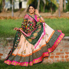 Light Pink Pink Lehenga Choli With Mirror Work And Attached Green Dupatta