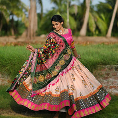 Light Pink Pink Lehenga Choli With Mirror Work And Attached Green Dupatta