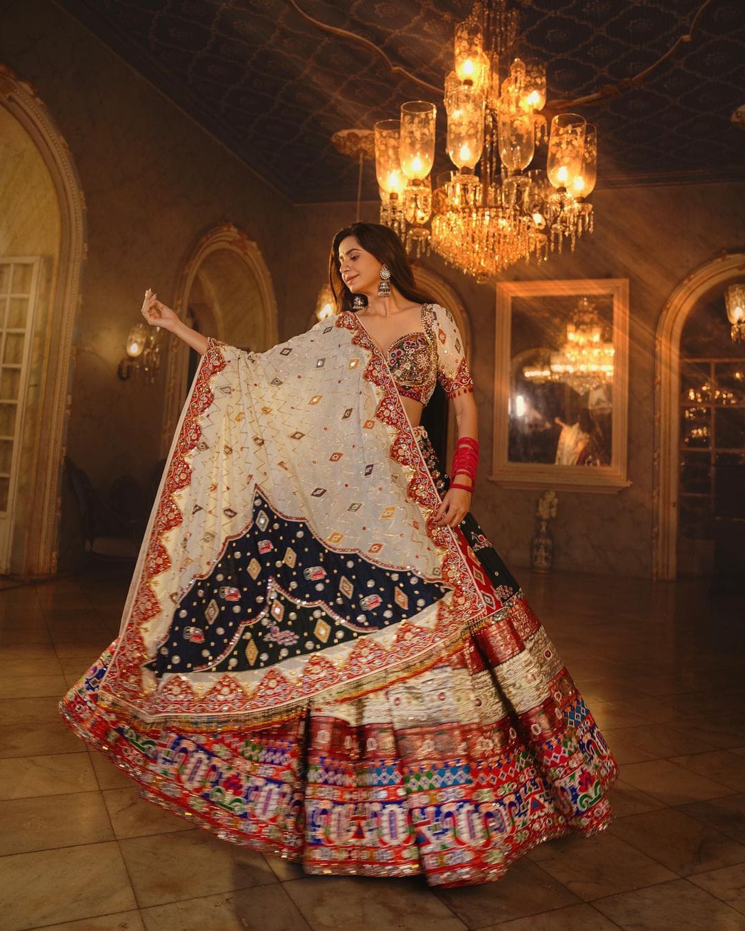 Multy Lehenga Choli With Mirror Work And Attached Pink Dupatta