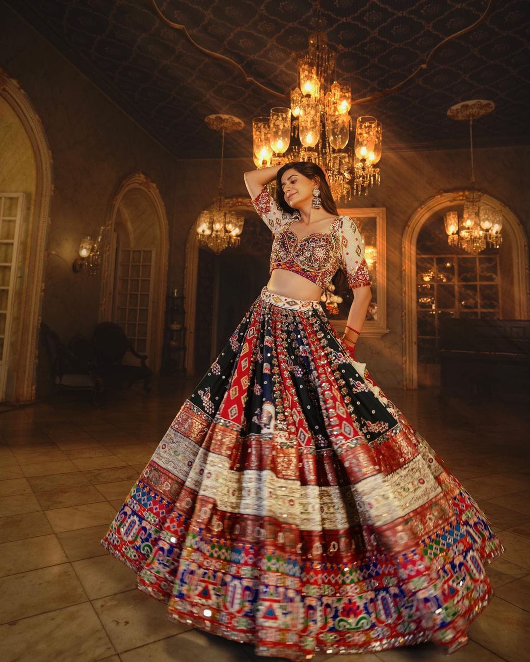 Multy Lehenga Choli With Mirror Work And Attached Pink Dupatta