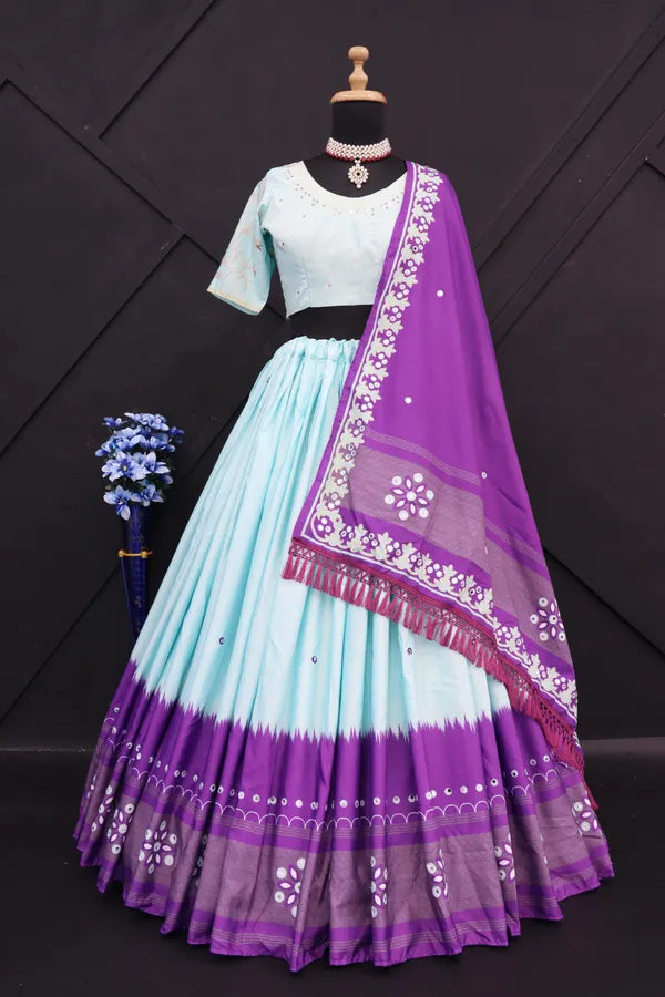 Sky Pista Sky Pista Lehenga Choli With Mirror Work And Attached Purple Dupatta