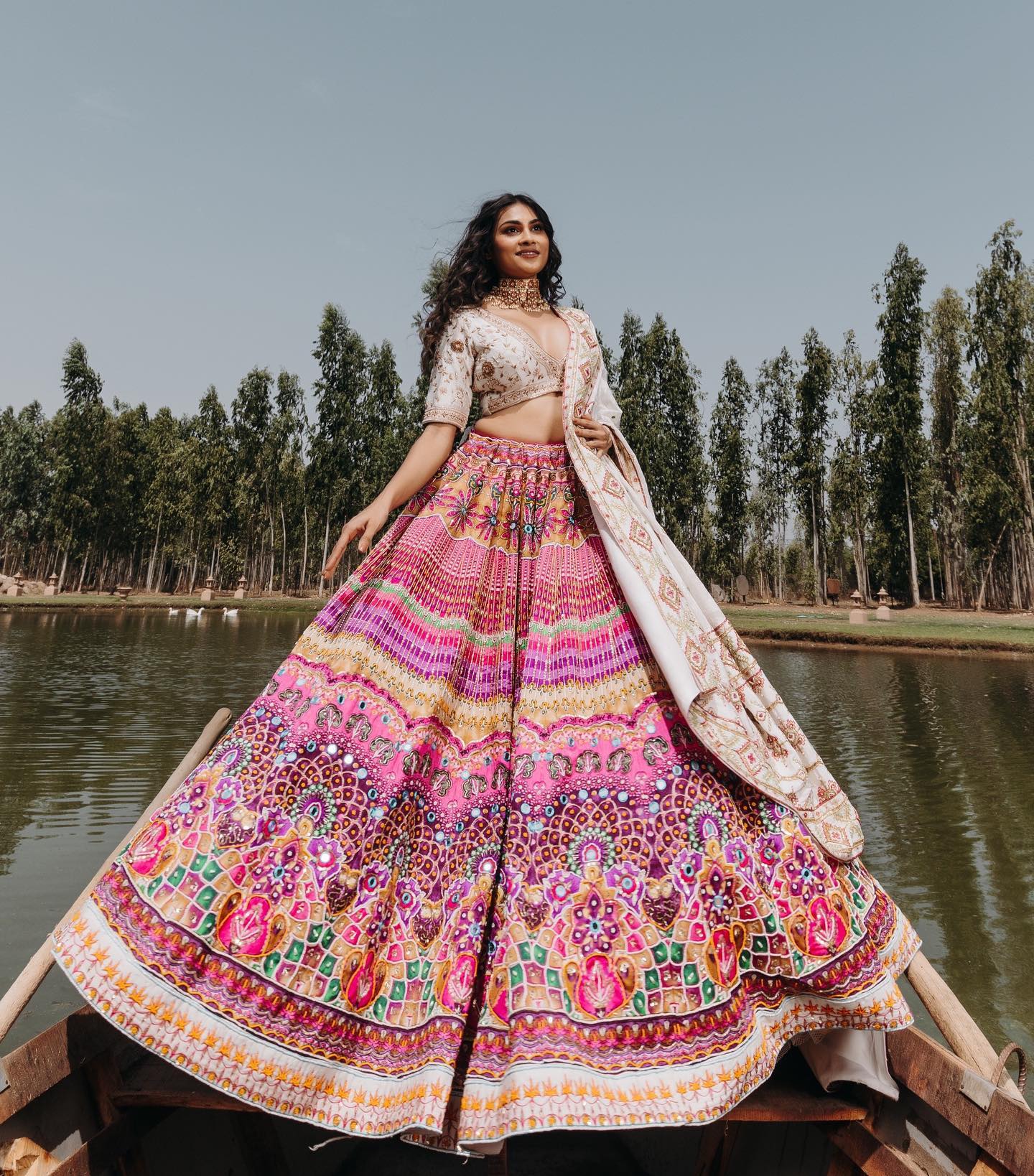 Multi Off White Lehenga Choli With Mirror Work And Attached Off White Dupatta