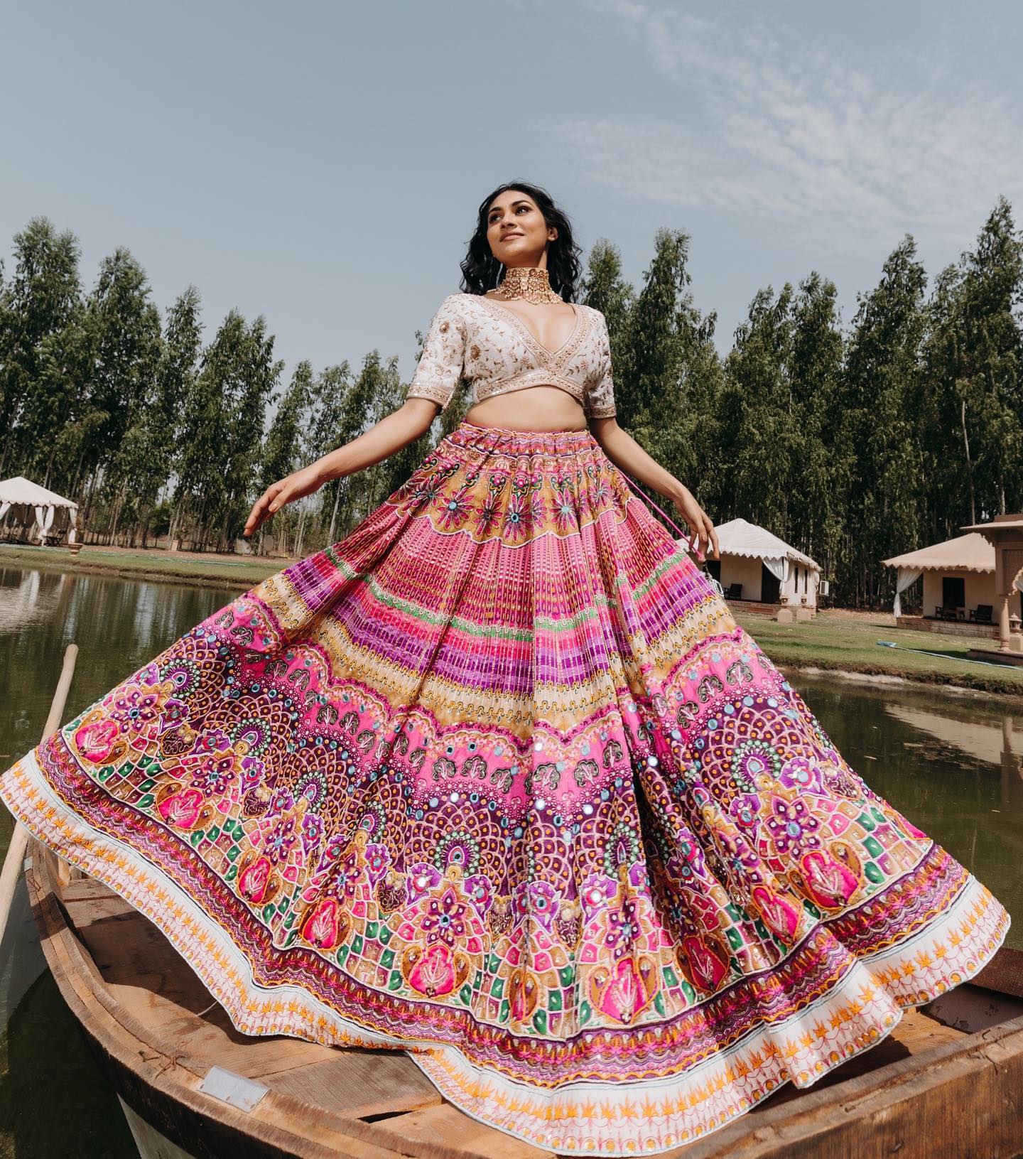 Multi Off White Lehenga Choli With Mirror Work And Attached Off White Dupatta