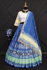 Blue Lehenga Choli With Mirror Work And Attached Rama Dupatta