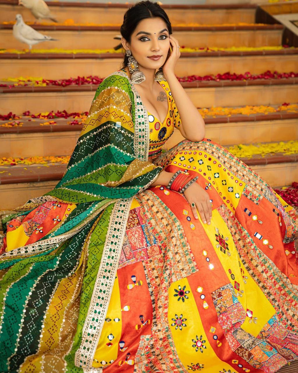 Yellow Yellow Lehenga Choli With Mirror Work And Attached Multi Dupatta