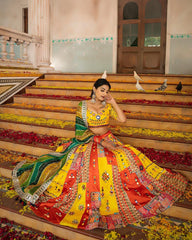 Yellow Yellow Lehenga Choli With Mirror Work And Attached Multi Dupatta